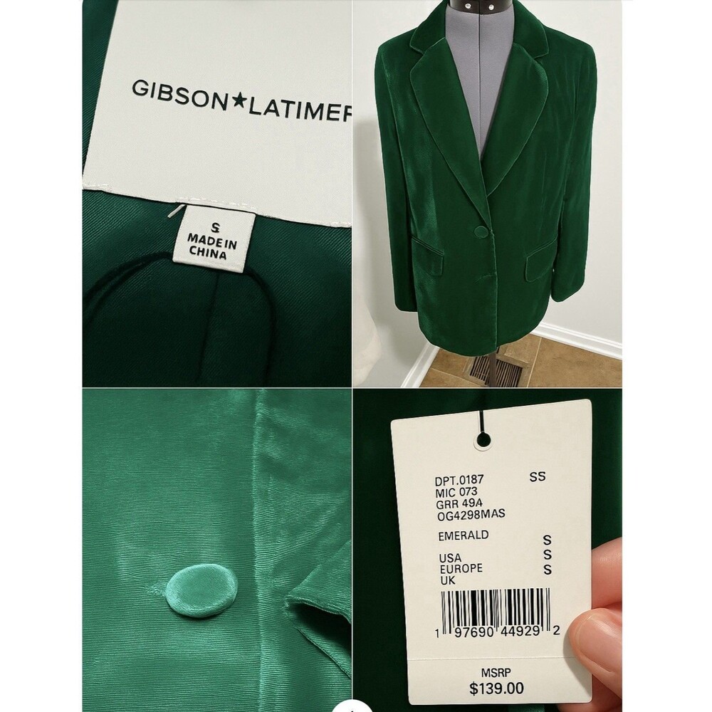 Gibson & Latimer Emerald Green Velvet Blazer Women’s Small Single Breasted NWT
